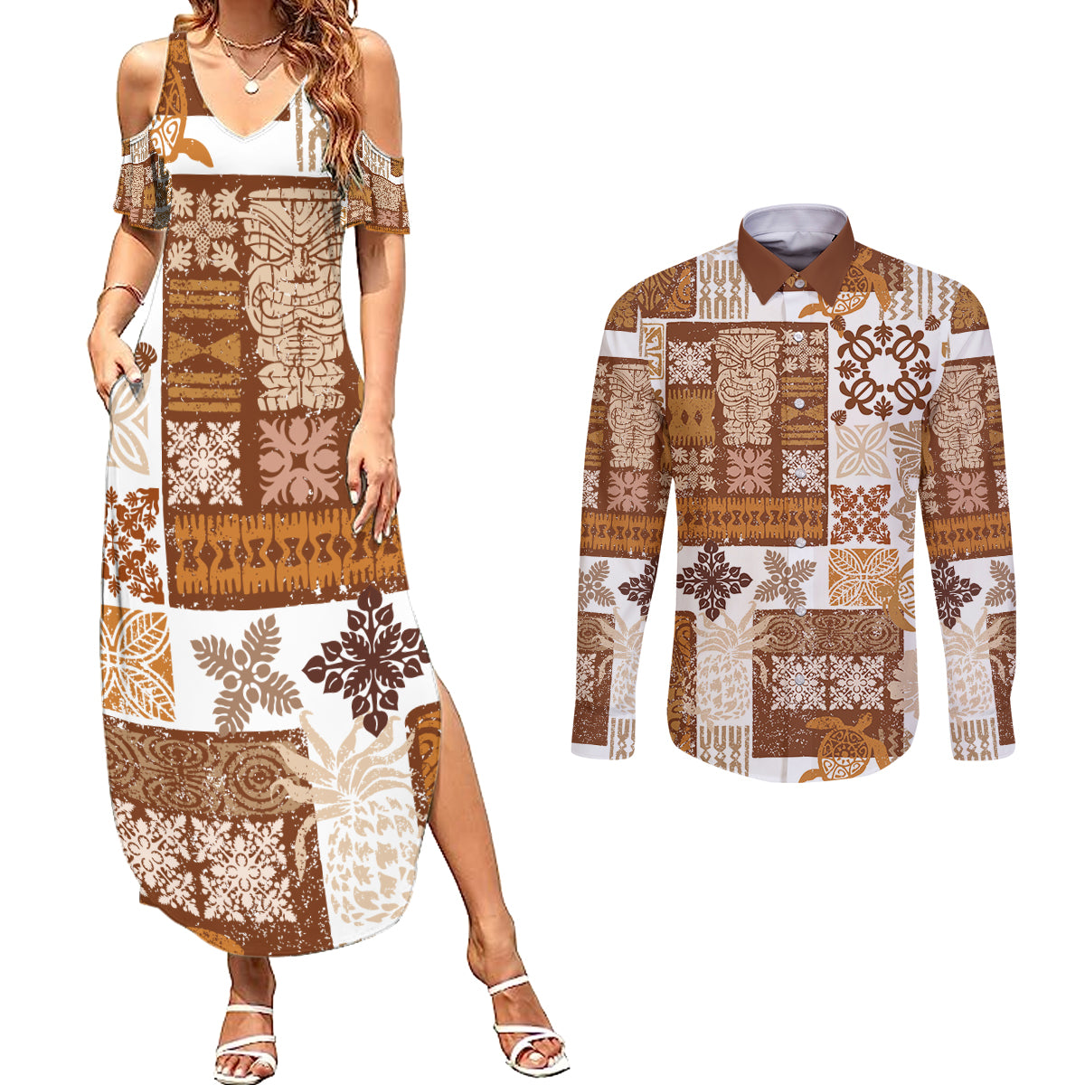 Hawaiian Quilt Couples Matching Summer Maxi Dress and Long Sleeve Button Shirt Tiki Tropical Retro Brown Version - Wonder Print Shop