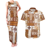 Hawaiian Quilt Couples Matching Tank Maxi Dress and Hawaiian Shirt Tiki Tropical Retro Brown Version - Wonder Print Shop