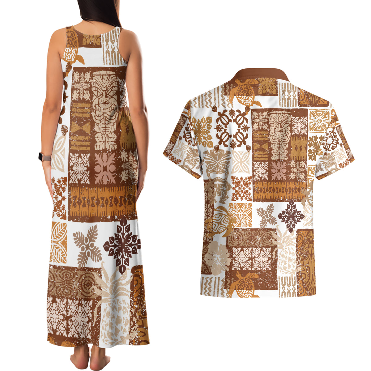 Hawaiian Quilt Couples Matching Tank Maxi Dress and Hawaiian Shirt Tiki Tropical Retro Brown Version - Wonder Print Shop