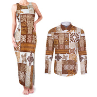 Hawaiian Quilt Couples Matching Tank Maxi Dress and Long Sleeve Button Shirt Tiki Tropical Retro Brown Version - Wonder Print Shop