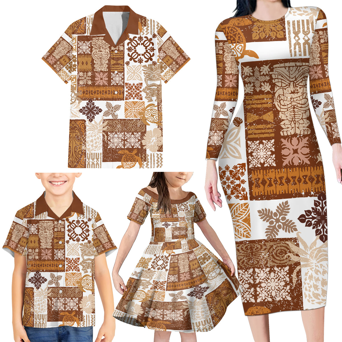 Hawaiian Quilt Family Matching Long Sleeve Bodycon Dress and Hawaiian Shirt Tiki Tropical Retro Brown Version - Wonder Print Shop