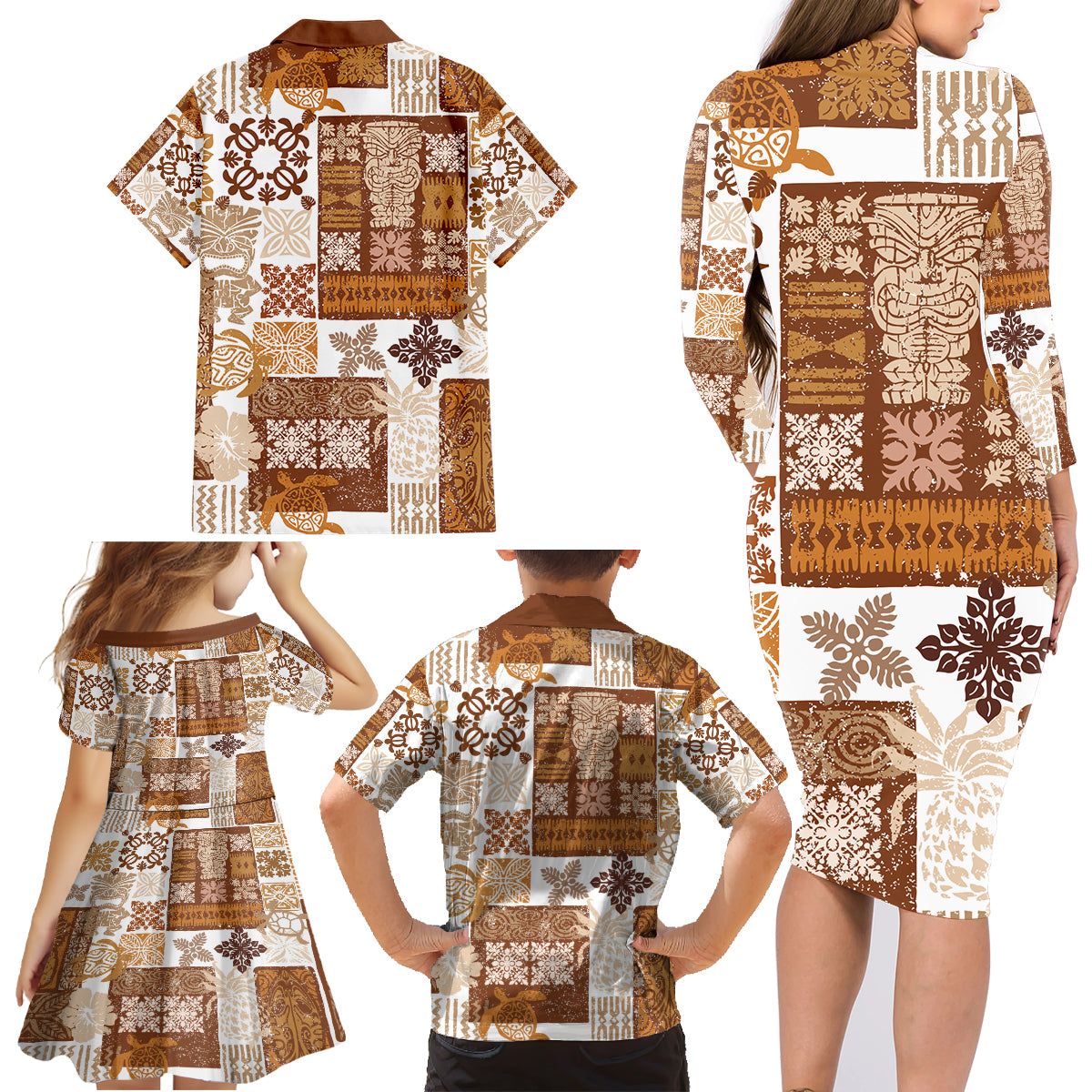 Hawaiian Quilt Family Matching Long Sleeve Bodycon Dress and Hawaiian Shirt Tiki Tropical Retro Brown Version - Wonder Print Shop