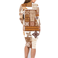 Hawaiian Quilt Family Matching Long Sleeve Bodycon Dress and Hawaiian Shirt Tiki Tropical Retro Brown Version - Wonder Print Shop