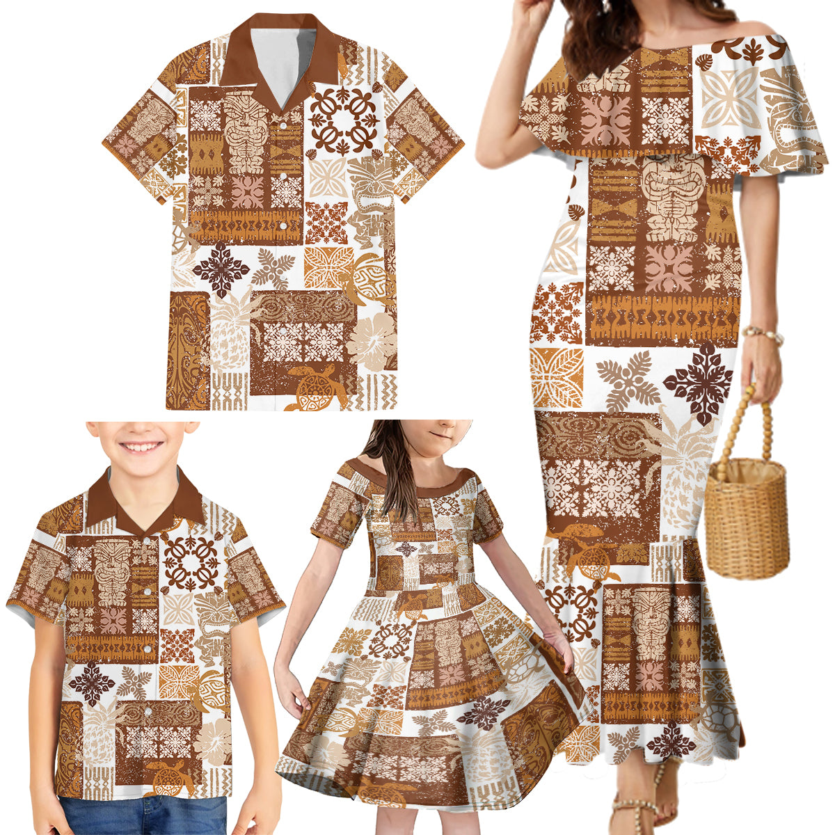 Hawaiian Quilt Family Matching Mermaid Dress and Hawaiian Shirt Tiki Tropical Retro Brown Version - Wonder Print Shop
