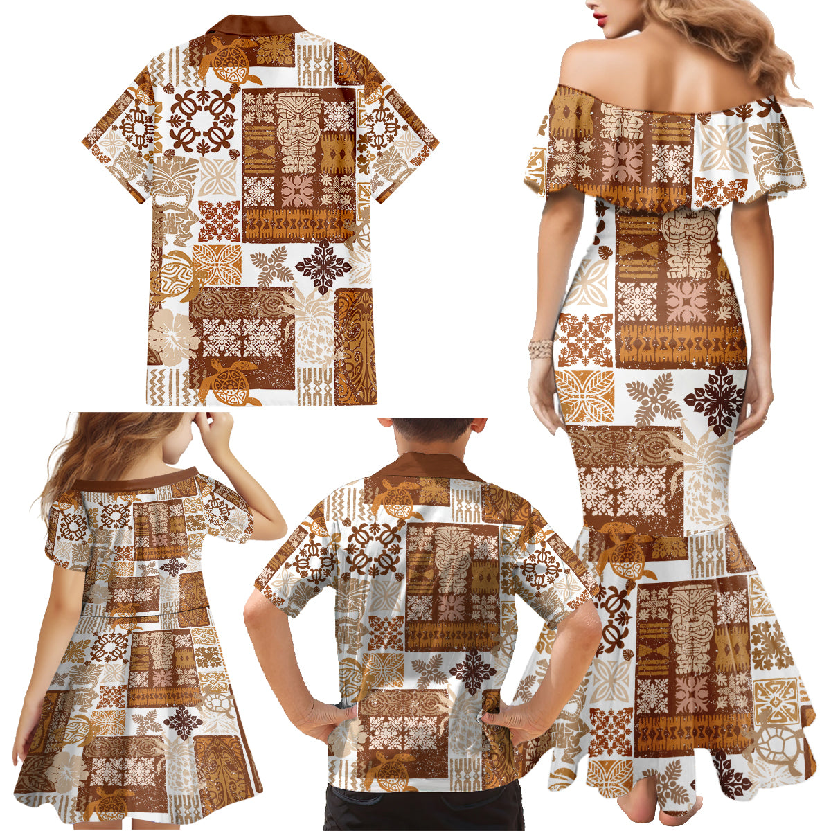 Hawaiian Quilt Family Matching Mermaid Dress and Hawaiian Shirt Tiki Tropical Retro Brown Version - Wonder Print Shop