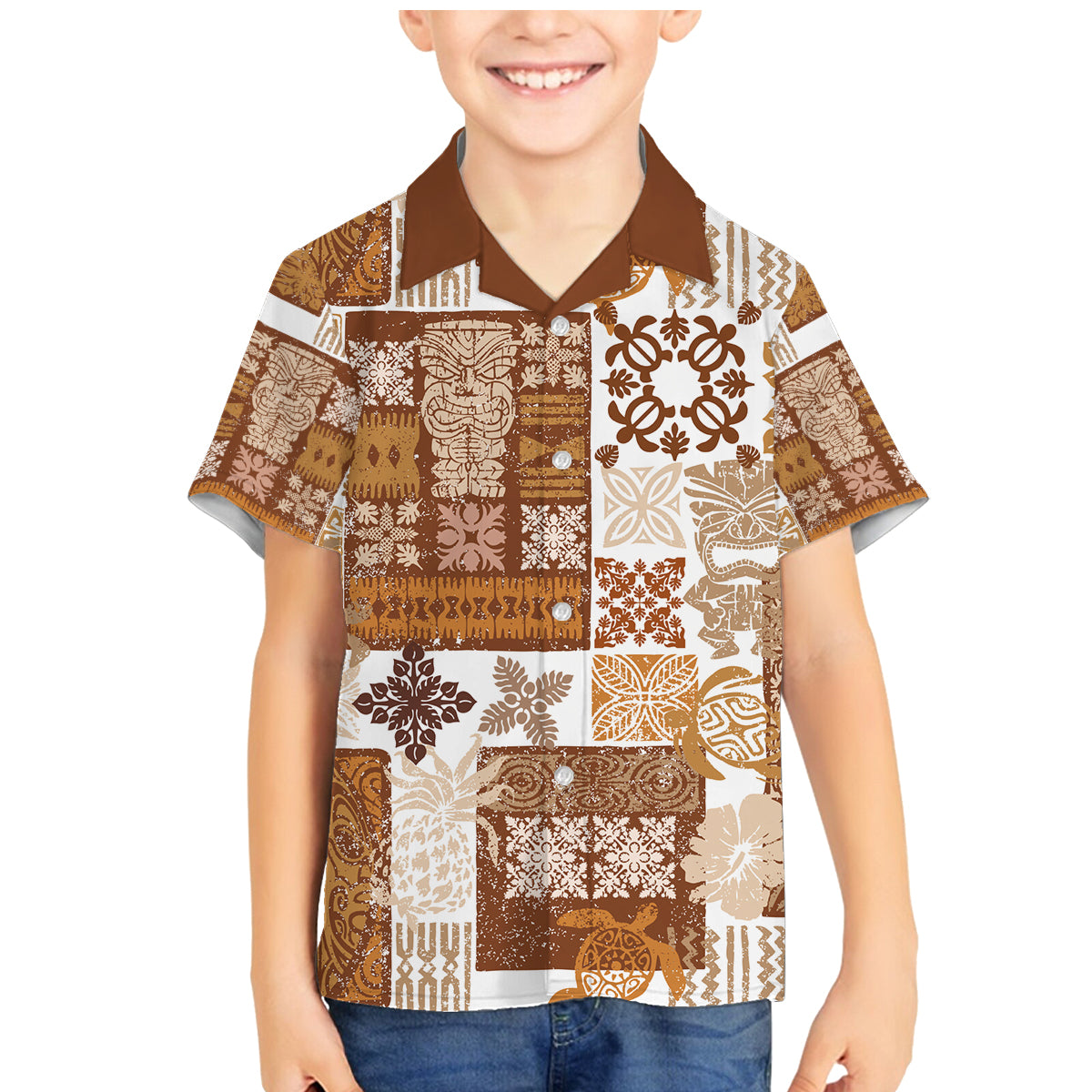 Hawaiian Quilt Family Matching Mermaid Dress and Hawaiian Shirt Tiki Tropical Retro Brown Version - Wonder Print Shop