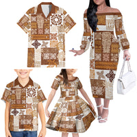 Hawaiian Quilt Family Matching Off Shoulder Long Sleeve Dress and Hawaiian Shirt Tiki Tropical Retro Brown Version - Wonder Print Shop