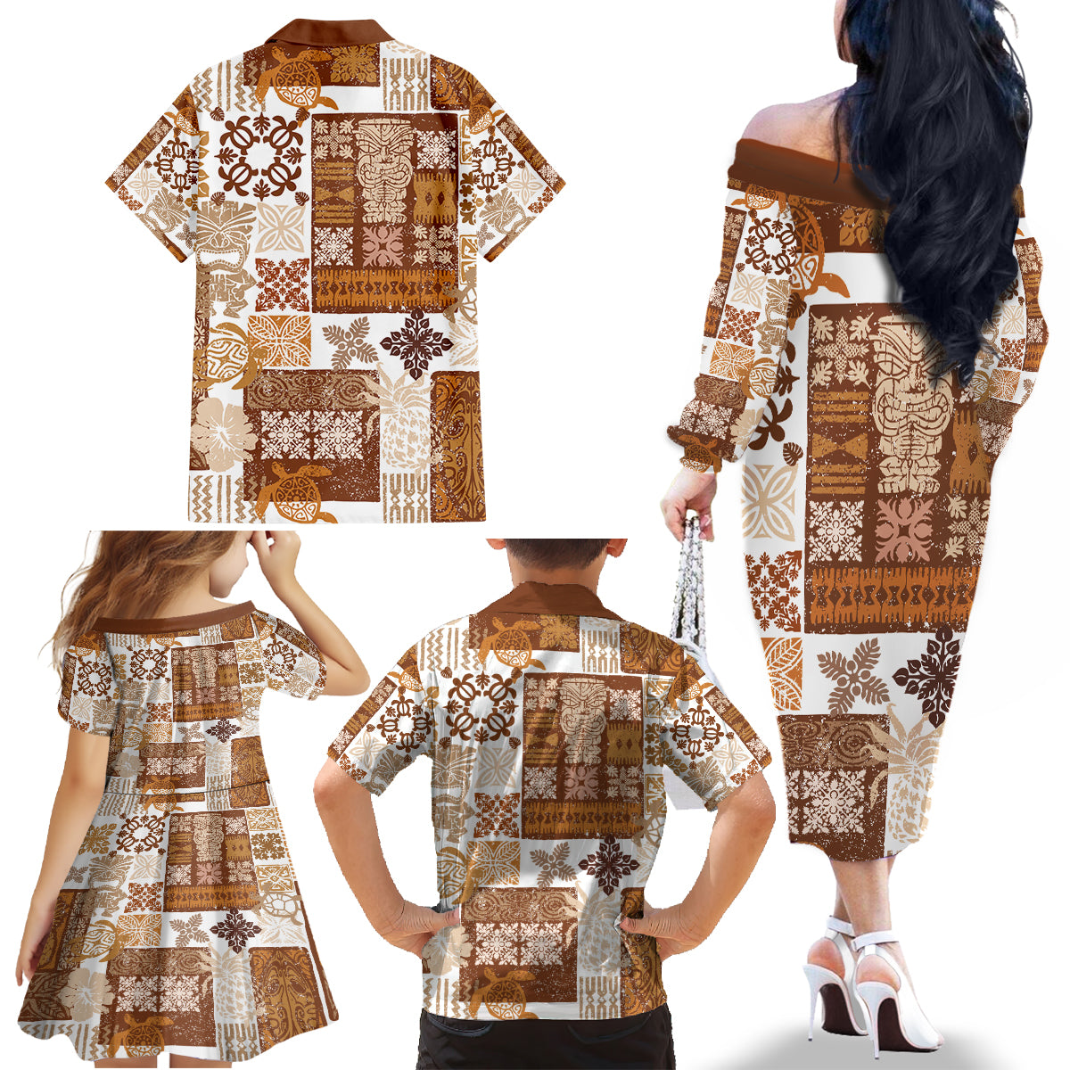 Hawaiian Quilt Family Matching Off Shoulder Long Sleeve Dress and Hawaiian Shirt Tiki Tropical Retro Brown Version - Wonder Print Shop
