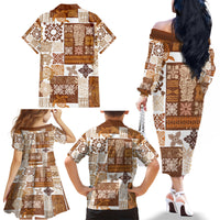 Hawaiian Quilt Family Matching Off Shoulder Long Sleeve Dress and Hawaiian Shirt Tiki Tropical Retro Brown Version - Wonder Print Shop