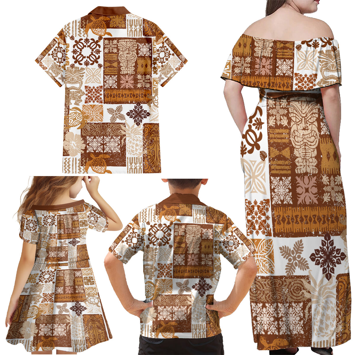 Hawaiian Quilt Family Matching Off Shoulder Maxi Dress and Hawaiian Shirt Tiki Tropical Retro Brown Version - Wonder Print Shop