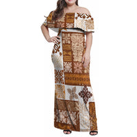 Hawaiian Quilt Family Matching Off Shoulder Maxi Dress and Hawaiian Shirt Tiki Tropical Retro Brown Version - Wonder Print Shop
