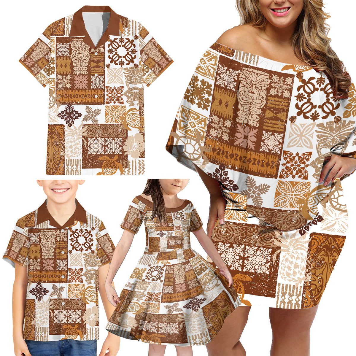 Hawaiian Quilt Family Matching Off Shoulder Short Dress and Hawaiian Shirt Tiki Tropical Retro Brown Version - Wonder Print Shop