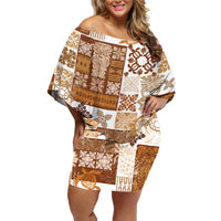 Hawaiian Quilt Family Matching Off Shoulder Short Dress and Hawaiian Shirt Tiki Tropical Retro Brown Version - Wonder Print Shop