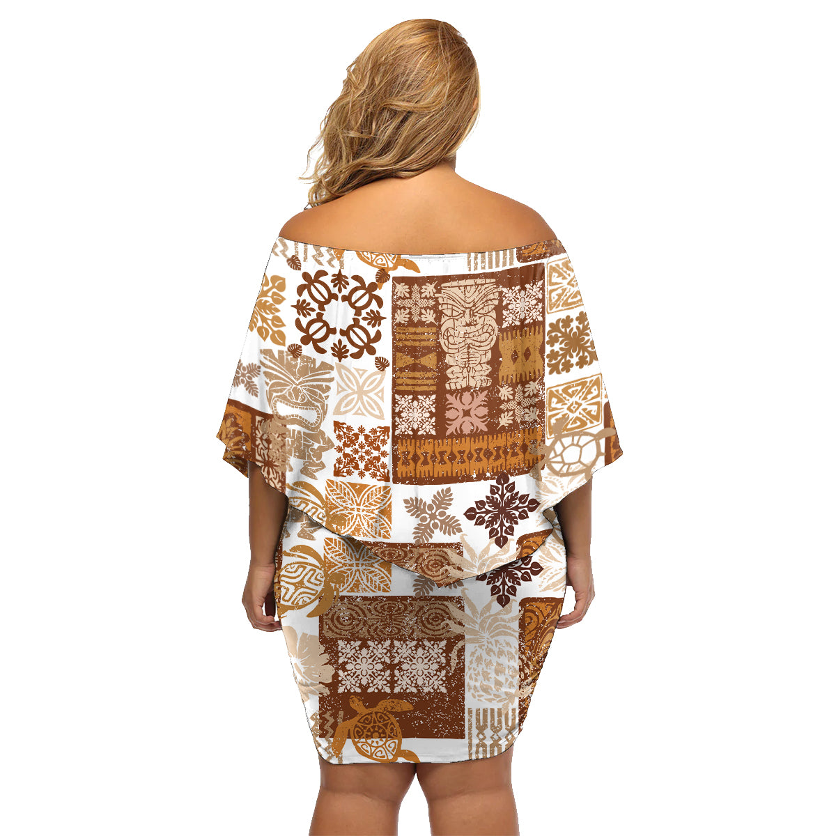 Hawaiian Quilt Family Matching Off Shoulder Short Dress and Hawaiian Shirt Tiki Tropical Retro Brown Version - Wonder Print Shop