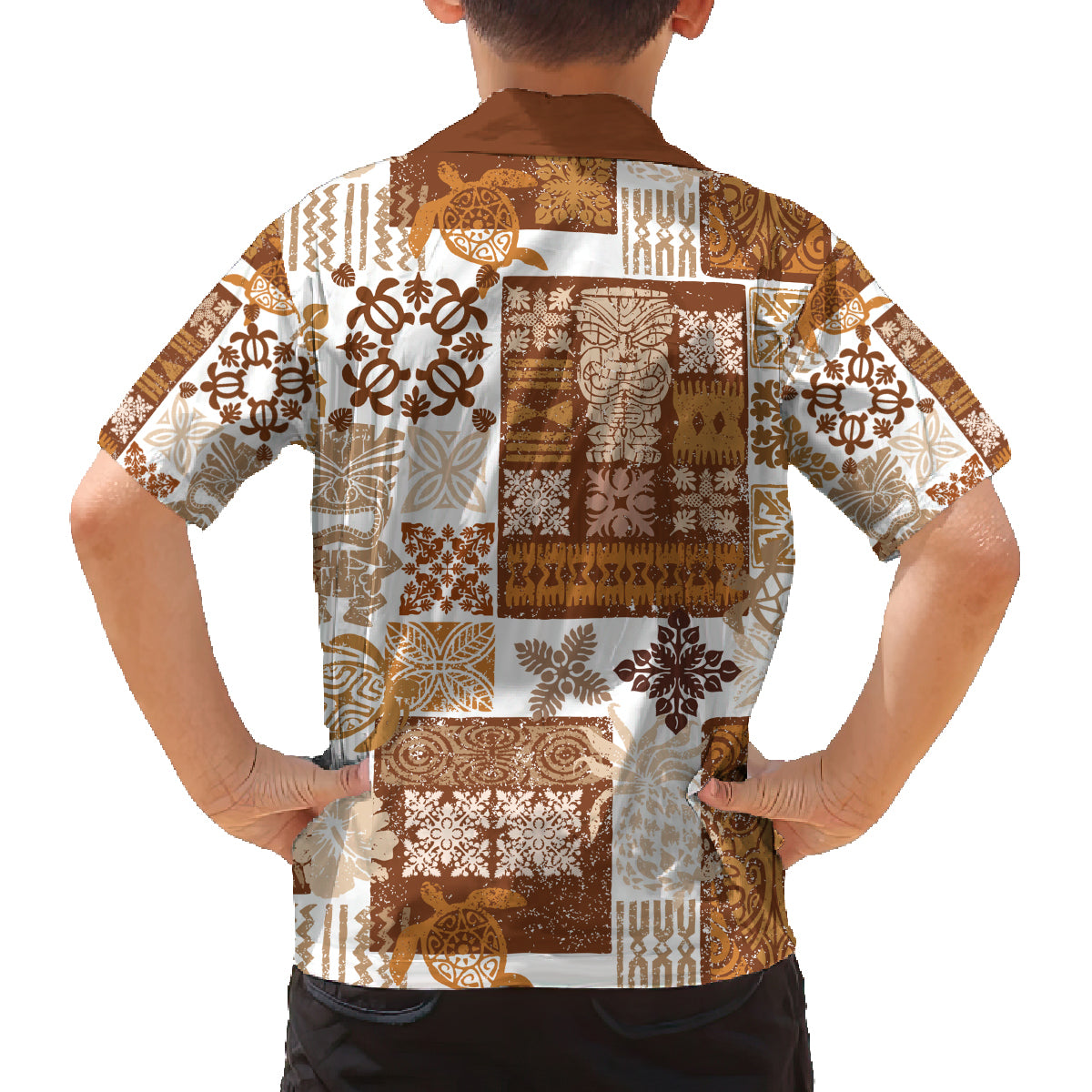 Hawaiian Quilt Family Matching Puletasi Dress and Hawaiian Shirt Tiki Tropical Retro Brown Version - Wonder Print Shop