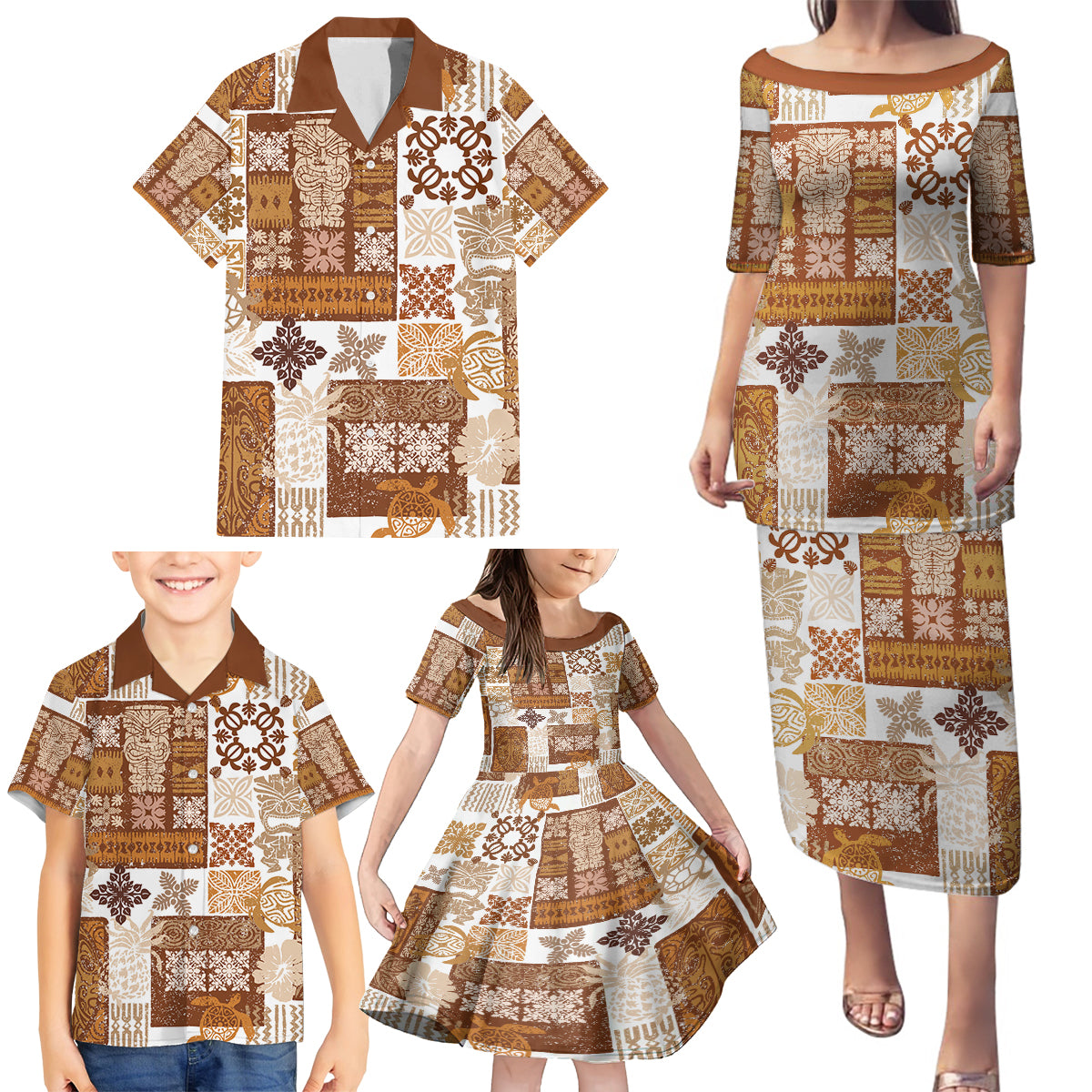 Hawaiian Quilt Family Matching Puletasi Dress and Hawaiian Shirt Tiki Tropical Retro Brown Version - Wonder Print Shop