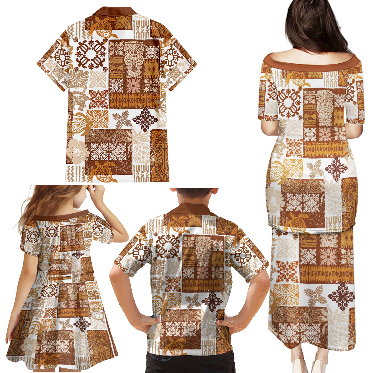 Hawaiian Quilt Family Matching Puletasi Dress and Hawaiian Shirt Tiki Tropical Retro Brown Version - Wonder Print Shop