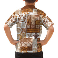 Hawaiian Quilt Family Matching Short Sleeve Bodycon Dress and Hawaiian Shirt Tiki Tropical Retro Brown Version - Wonder Print Shop
