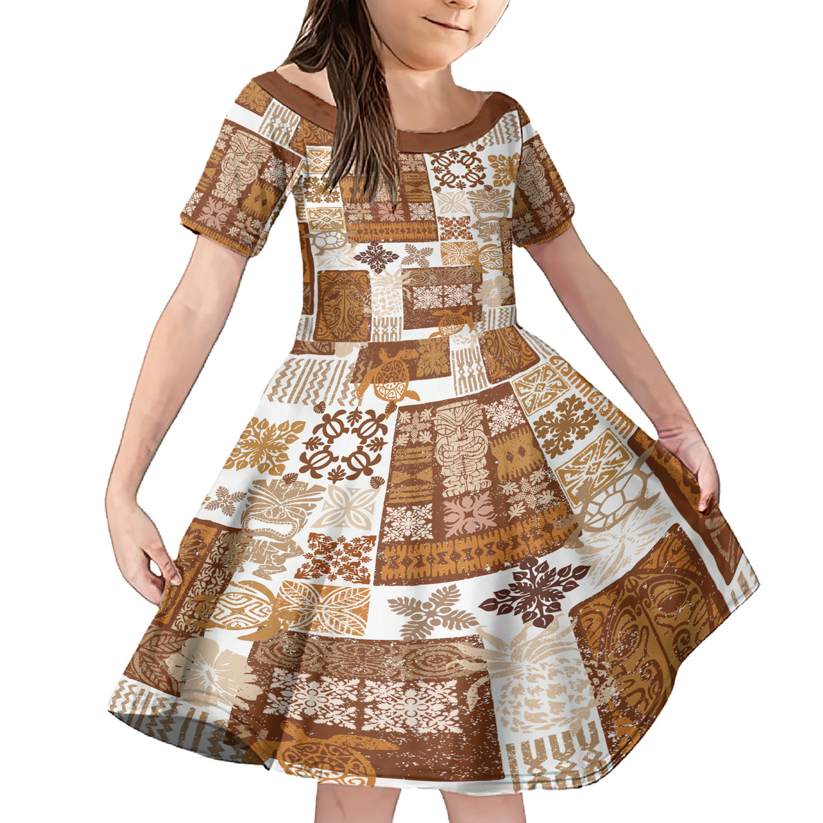 Hawaiian Quilt Family Matching Short Sleeve Bodycon Dress and Hawaiian Shirt Tiki Tropical Retro Brown Version - Wonder Print Shop