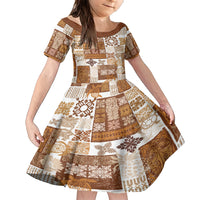 Hawaiian Quilt Family Matching Short Sleeve Bodycon Dress and Hawaiian Shirt Tiki Tropical Retro Brown Version - Wonder Print Shop