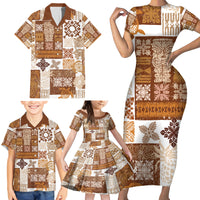 Hawaiian Quilt Family Matching Short Sleeve Bodycon Dress and Hawaiian Shirt Tiki Tropical Retro Brown Version - Wonder Print Shop