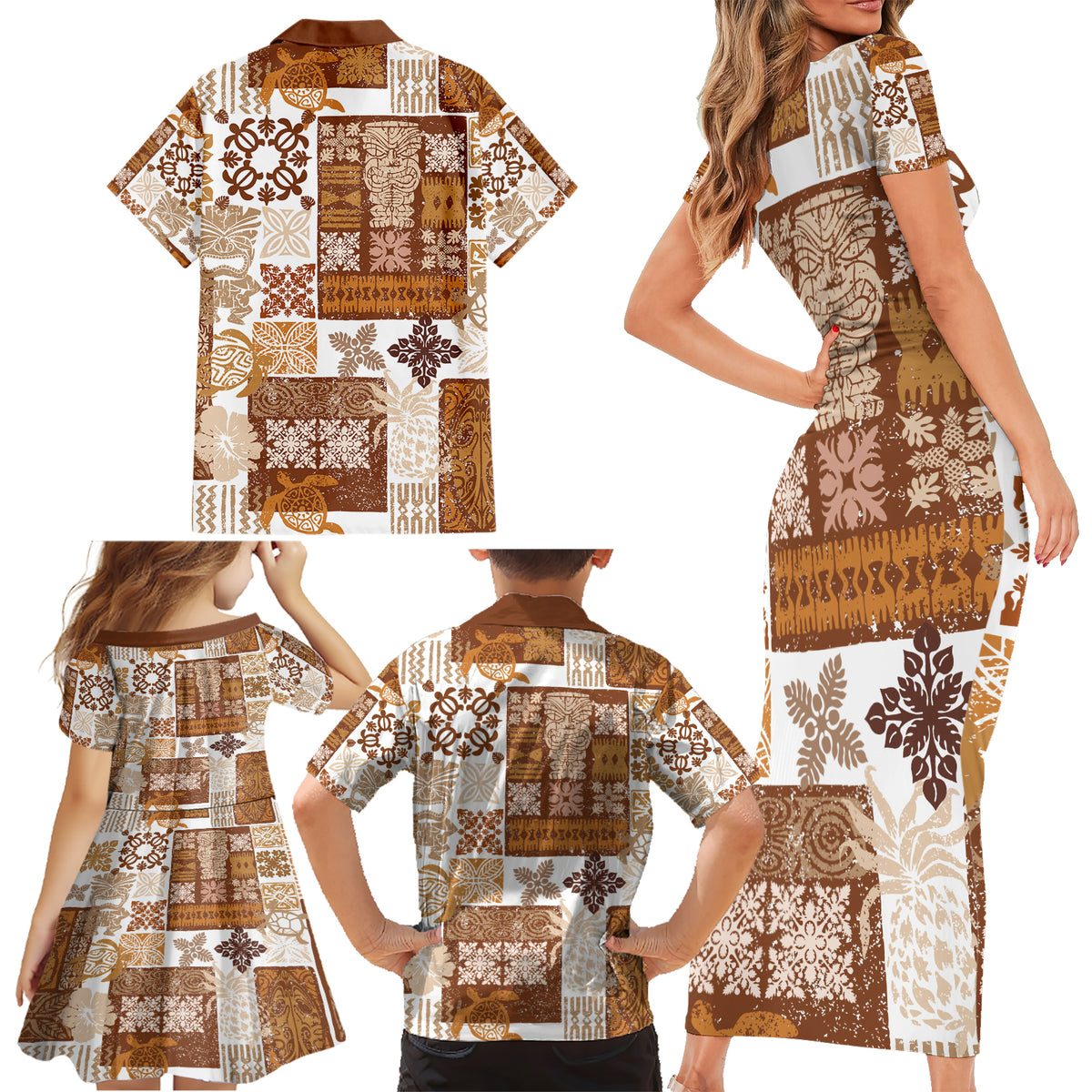 Hawaiian Quilt Family Matching Short Sleeve Bodycon Dress and Hawaiian Shirt Tiki Tropical Retro Brown Version - Wonder Print Shop