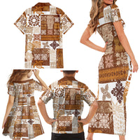 Hawaiian Quilt Family Matching Short Sleeve Bodycon Dress and Hawaiian Shirt Tiki Tropical Retro Brown Version - Wonder Print Shop