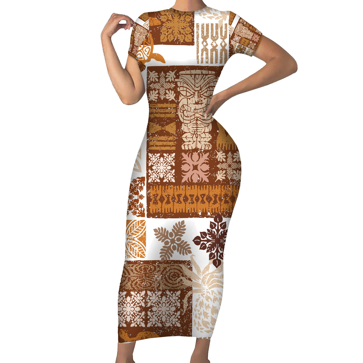 Hawaiian Quilt Family Matching Short Sleeve Bodycon Dress and Hawaiian Shirt Tiki Tropical Retro Brown Version - Wonder Print Shop