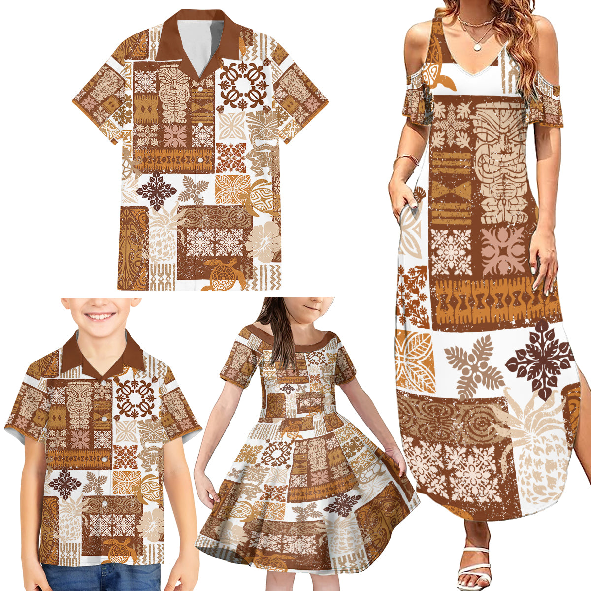 Hawaiian Quilt Family Matching Summer Maxi Dress and Hawaiian Shirt Tiki Tropical Retro Brown Version - Wonder Print Shop