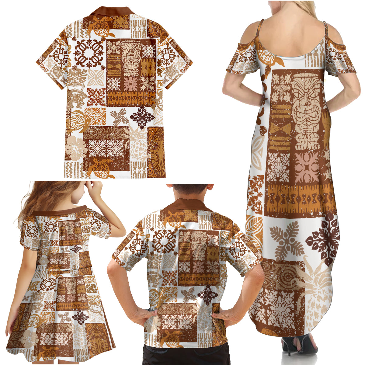 Hawaiian Quilt Family Matching Summer Maxi Dress and Hawaiian Shirt Tiki Tropical Retro Brown Version - Wonder Print Shop