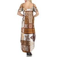 Hawaiian Quilt Family Matching Summer Maxi Dress and Hawaiian Shirt Tiki Tropical Retro Brown Version - Wonder Print Shop