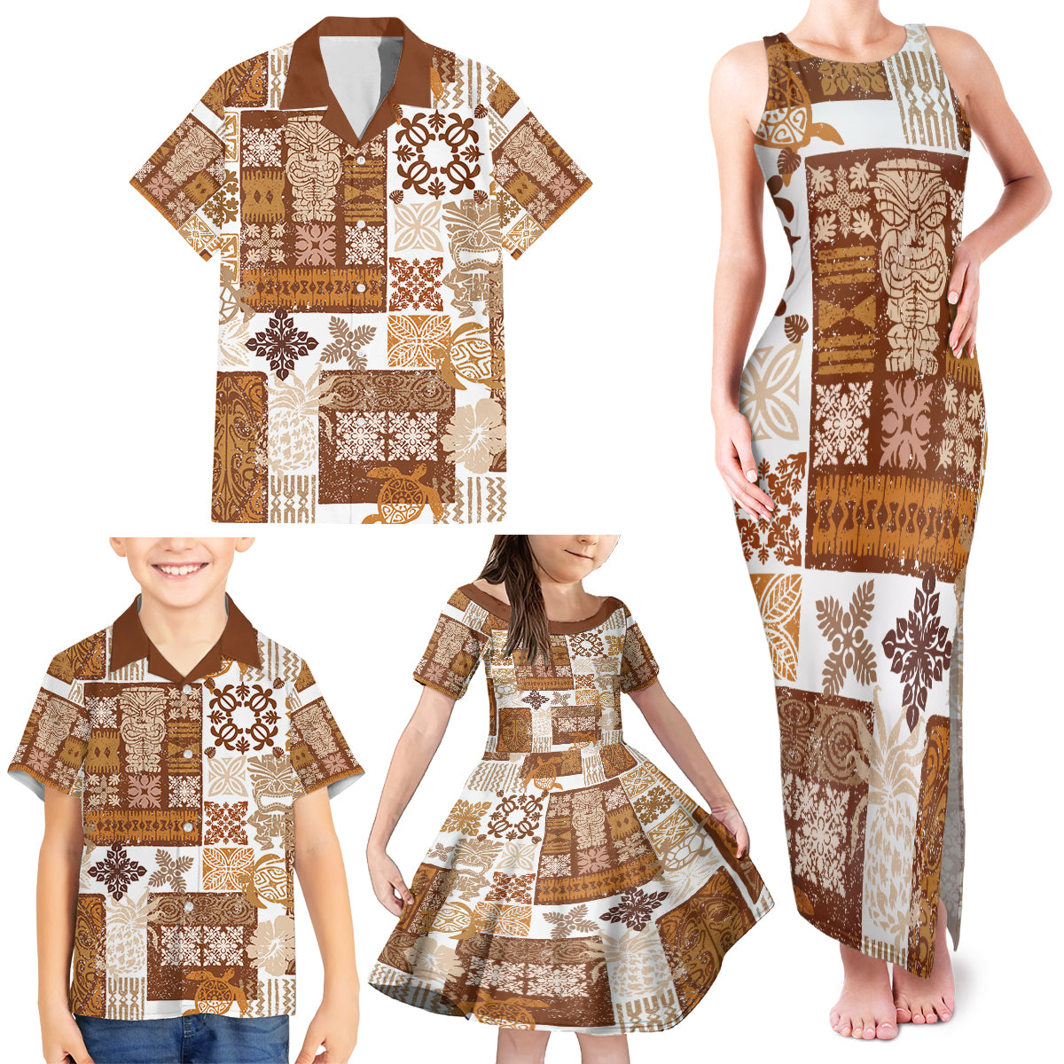 Hawaiian Quilt Family Matching Tank Maxi Dress and Hawaiian Shirt Tiki Tropical Retro Brown Version - Wonder Print Shop