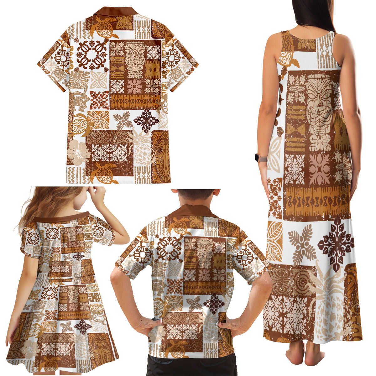 Hawaiian Quilt Family Matching Tank Maxi Dress and Hawaiian Shirt Tiki Tropical Retro Brown Version - Wonder Print Shop