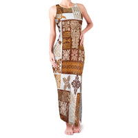 Hawaiian Quilt Family Matching Tank Maxi Dress and Hawaiian Shirt Tiki Tropical Retro Brown Version - Wonder Print Shop