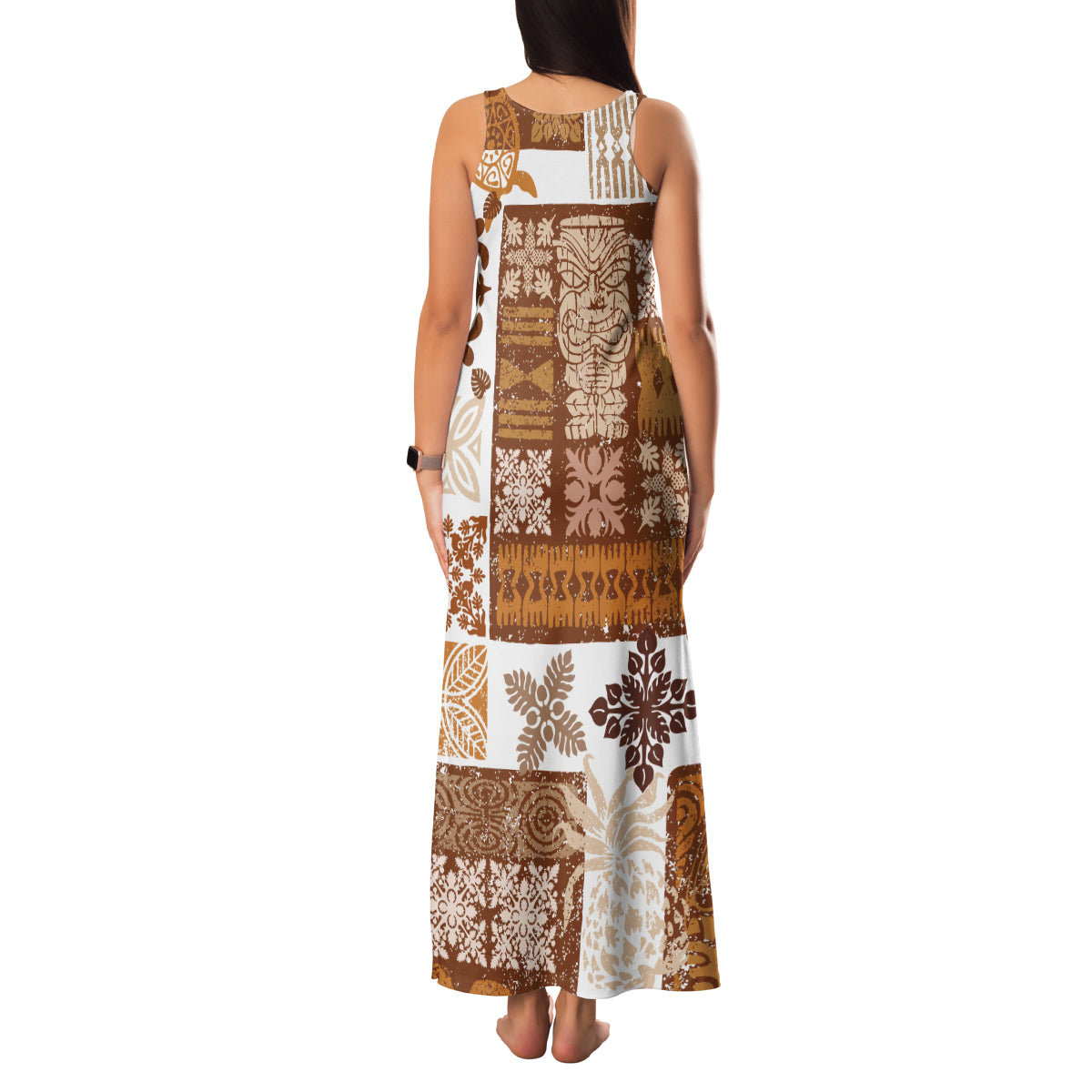 Hawaiian Quilt Family Matching Tank Maxi Dress and Hawaiian Shirt Tiki Tropical Retro Brown Version - Wonder Print Shop