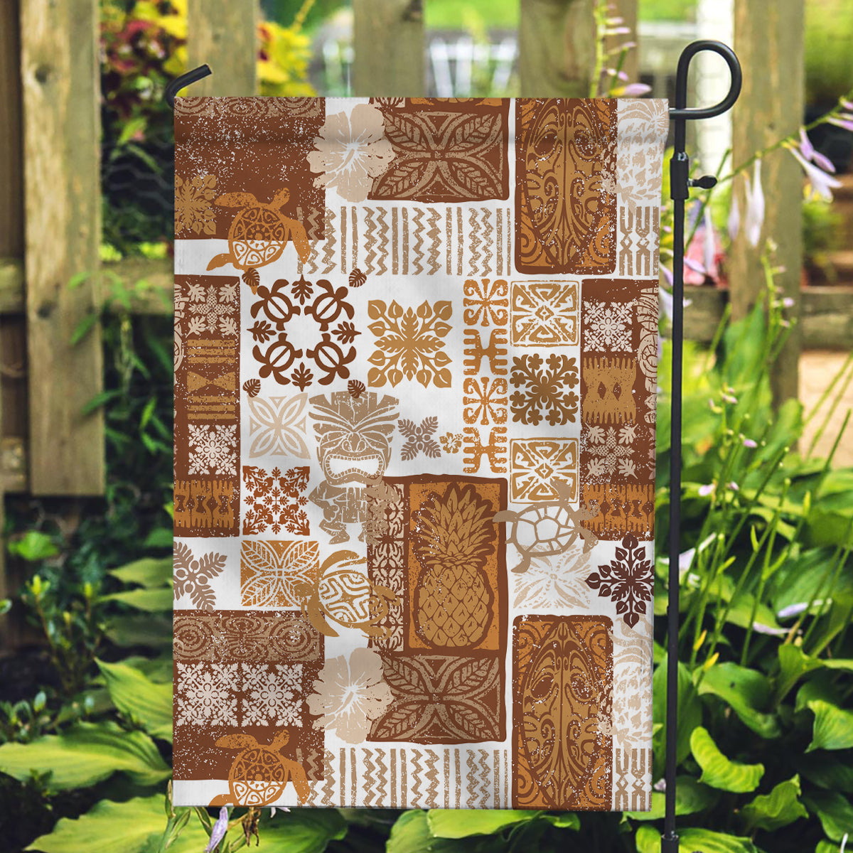 Hawaiian Quilt Garden Flag Tiki Tropical Retro Brown Version - Wonder Print Shop