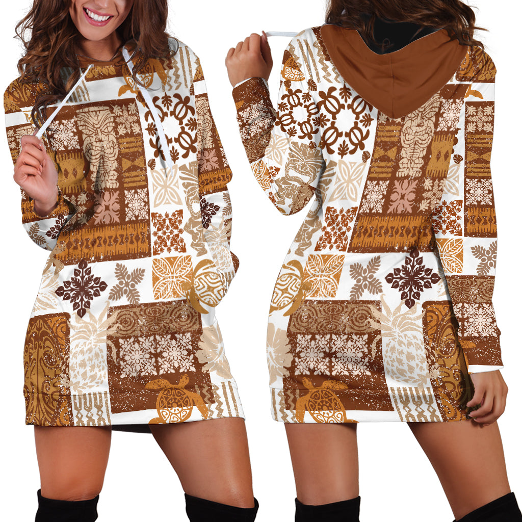 Hawaiian Quilt Hoodie Dress Tiki Tropical Retro Brown Version - Wonder Print Shop