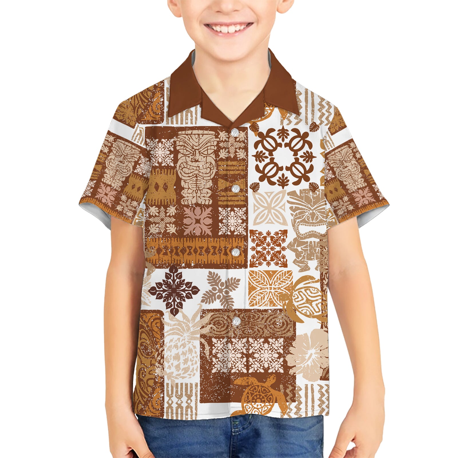 Hawaiian Quilt Kid Hawaiian Shirt Tiki Tropical Retro Brown Version - Wonder Print Shop