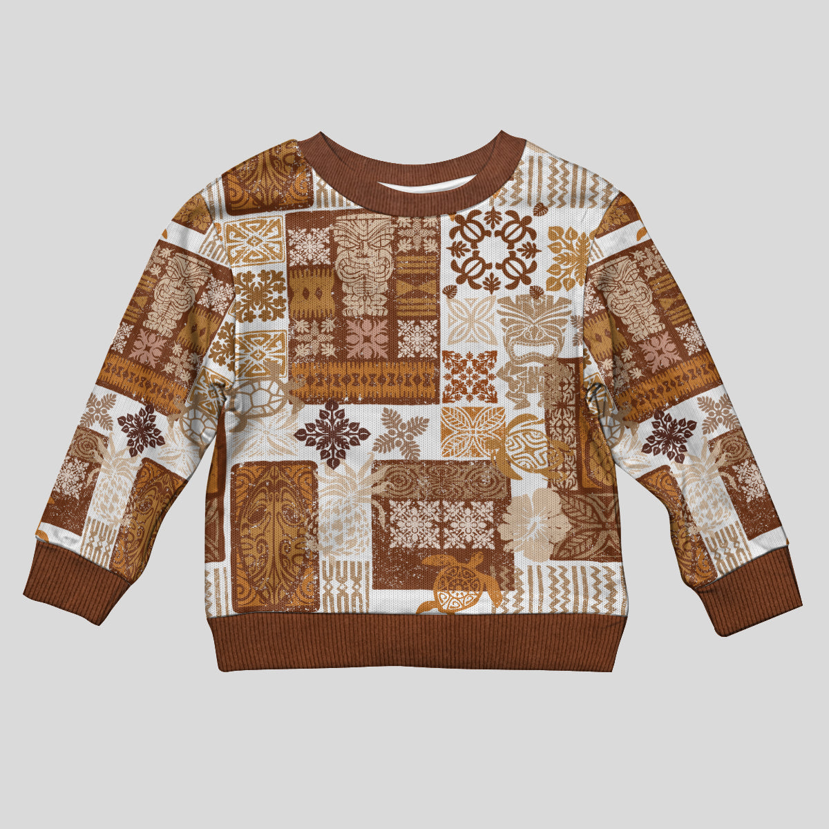 Hawaiian Quilt Kid Ugly Christmas Sweater Tiki Tropical Retro Brown Version - Wonder Print Shop