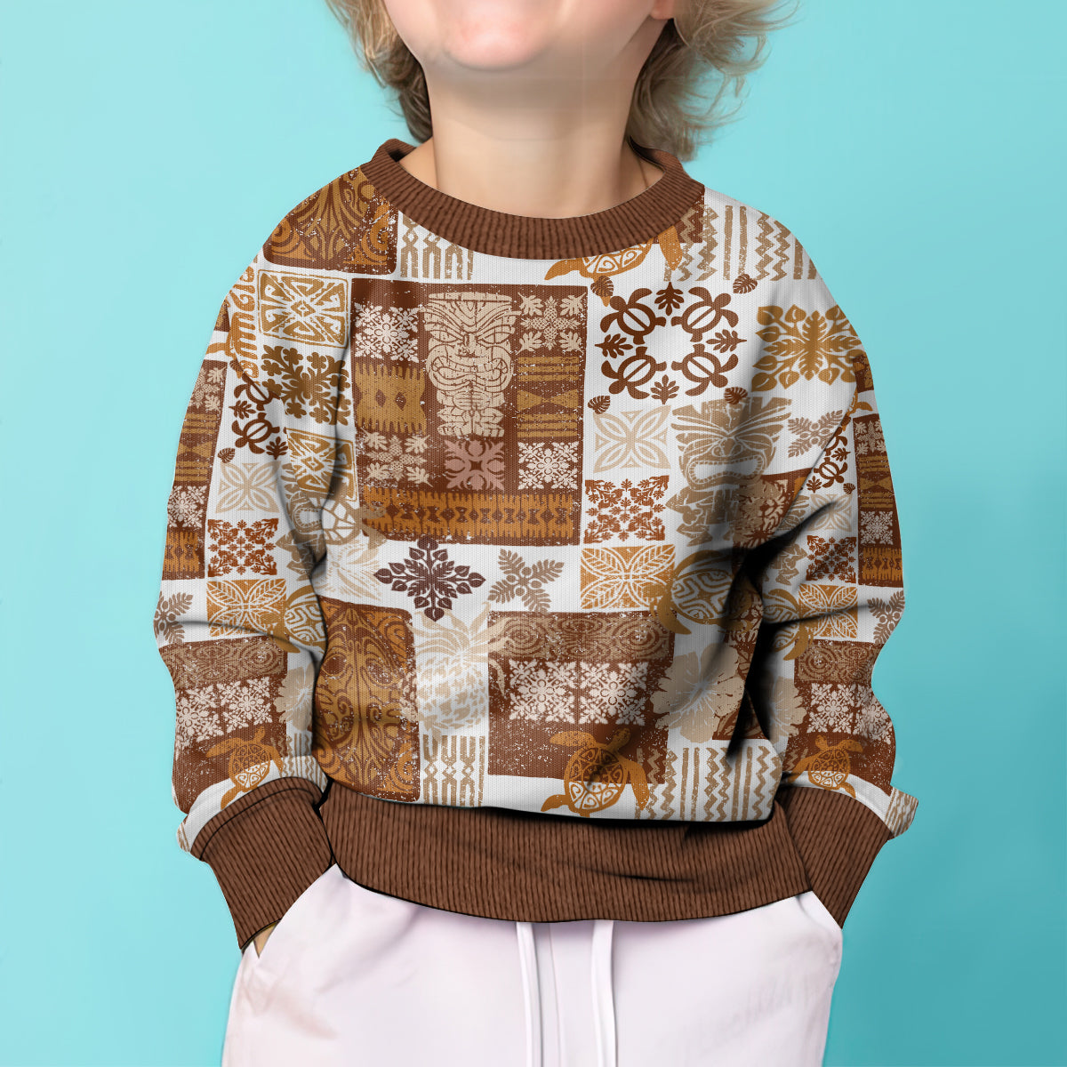 Hawaiian Quilt Kid Ugly Christmas Sweater Tiki Tropical Retro Brown Version - Wonder Print Shop