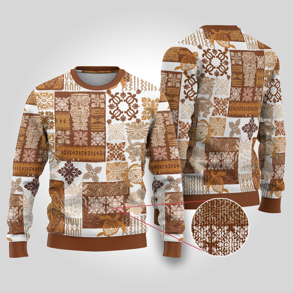 Hawaiian Quilt Ugly Christmas Sweater Tiki Tropical Retro Brown Version - Wonder Print Shop