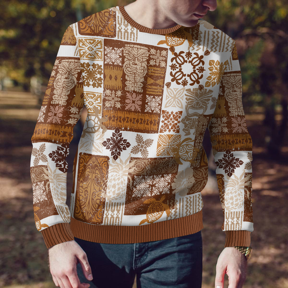 Hawaiian Quilt Ugly Christmas Sweater Tiki Tropical Retro Brown Version - Wonder Print Shop