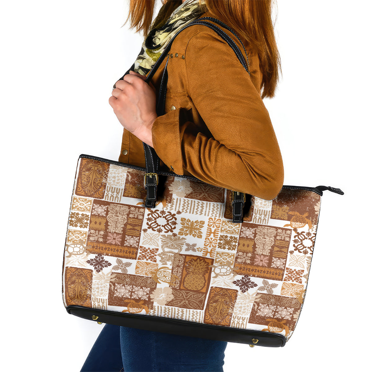 Hawaiian Quilt Leather Tote Bag Tiki Tropical Retro Brown Version - Wonder Print Shop