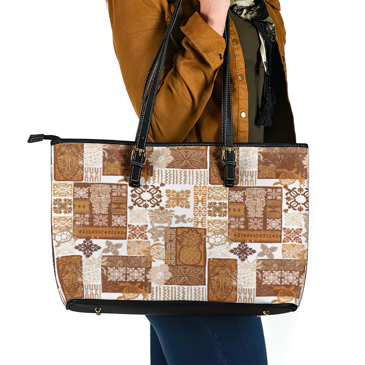 Hawaiian Quilt Leather Tote Bag Tiki Tropical Retro Brown Version - Wonder Print Shop