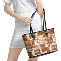 Hawaiian Quilt Leather Tote Bag Tiki Tropical Retro Brown Version - Wonder Print Shop