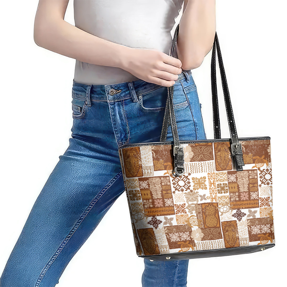 Hawaiian Quilt Leather Tote Bag Tiki Tropical Retro Brown Version - Wonder Print Shop