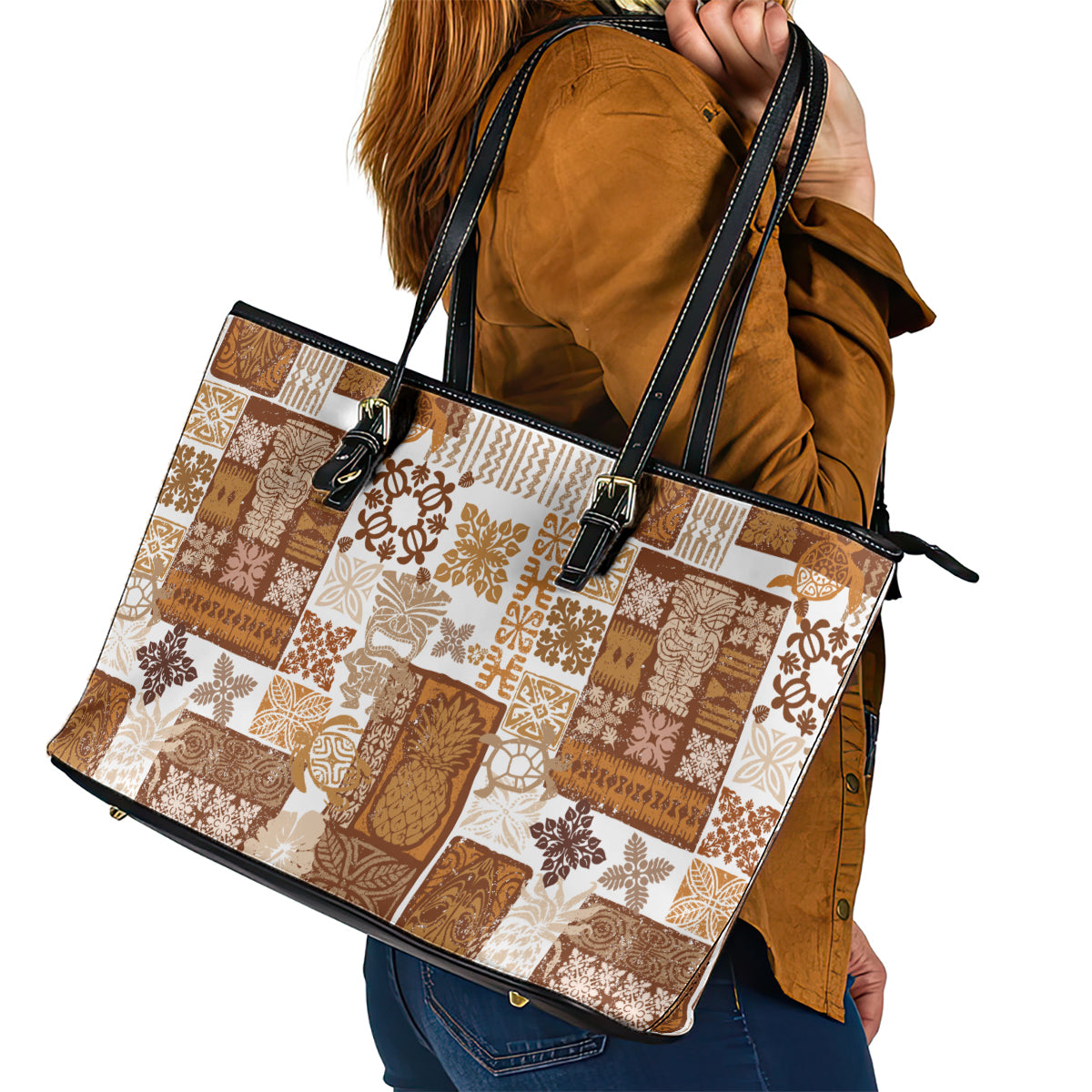 Hawaiian Quilt Leather Tote Bag Tiki Tropical Retro Brown Version - Wonder Print Shop