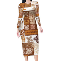 Hawaiian Quilt Long Sleeve Bodycon Dress Tiki Tropical Retro Brown Version - Wonder Print Shop