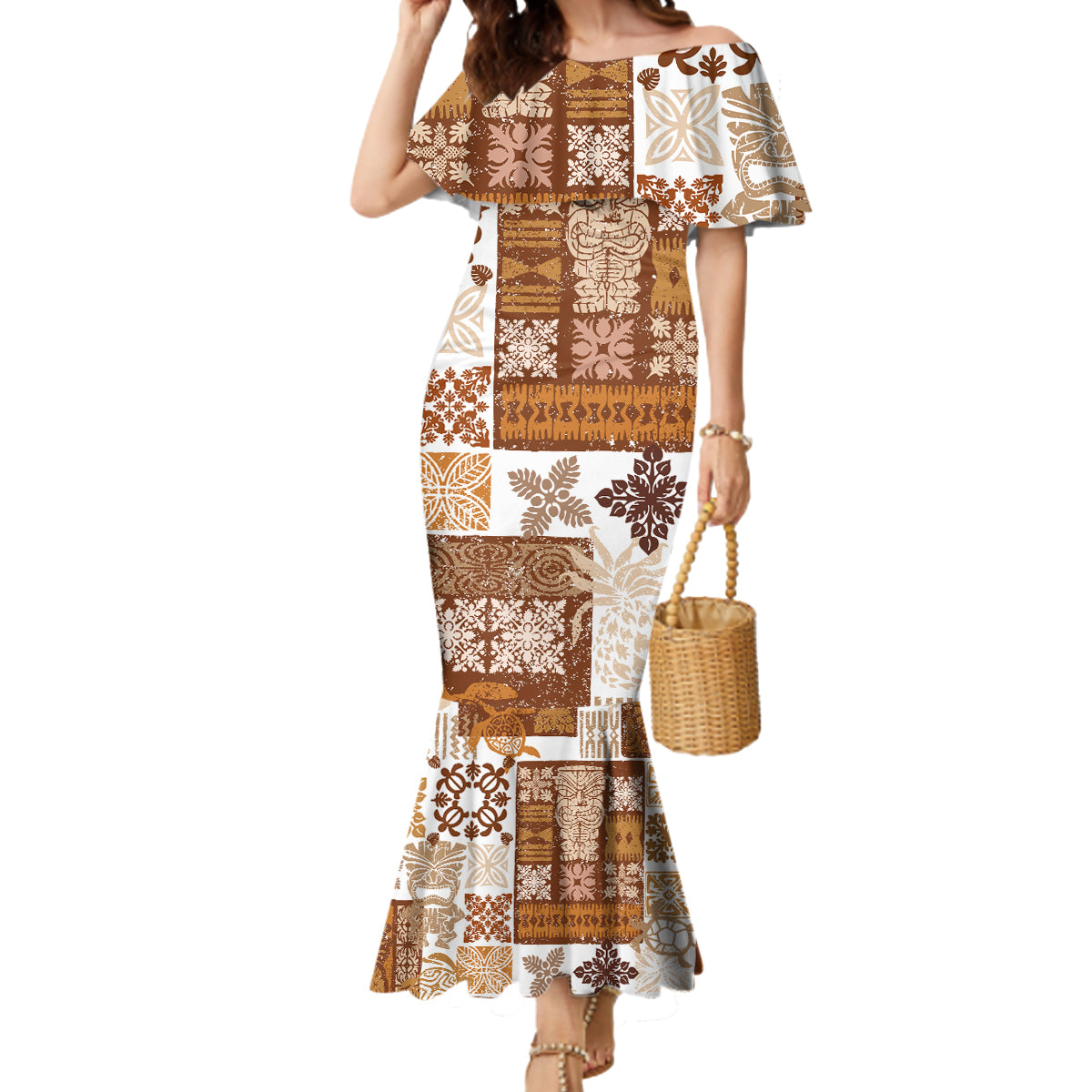 Hawaiian Quilt Mermaid Dress Tiki Tropical Retro Brown Version - Wonder Print Shop