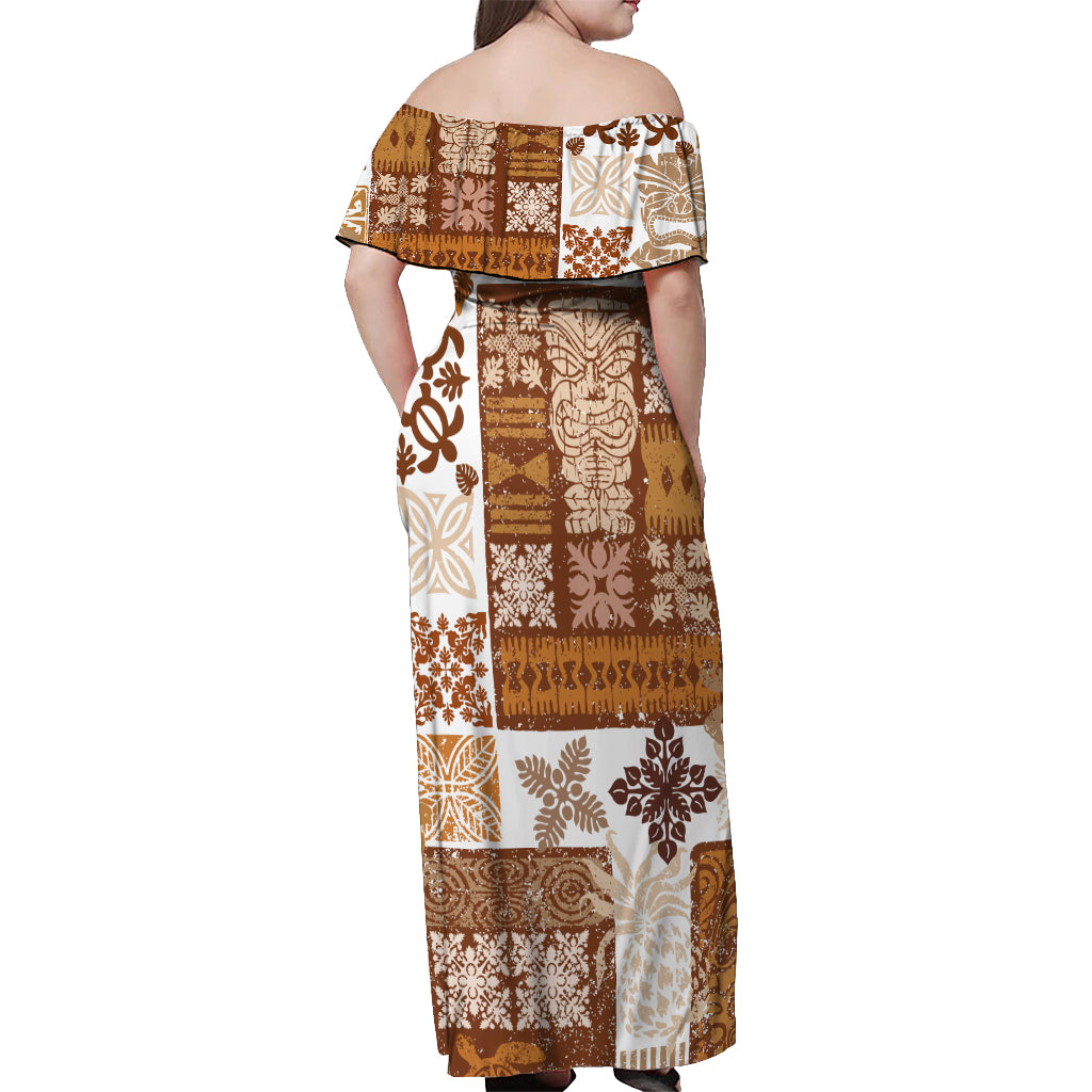 Hawaiian Quilt Off Shoulder Maxi Dress Tiki Tropical Retro Brown Version - Wonder Print Shop